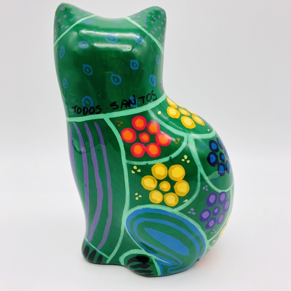 Talavera Cat Handmade & Hand Painted Mexican Art Pottery Green Sitting Eyelashes - Picture 4 of 7